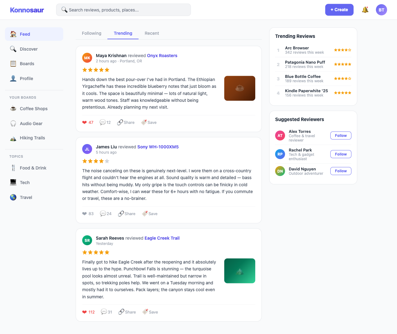 Konnosaur Social Review Feed